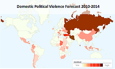 A list of the top 37 countries projected to experience civil unrest between now and 2014 and updates on forecast accuracy can be found online at http://radicalism.milcord.com/blog