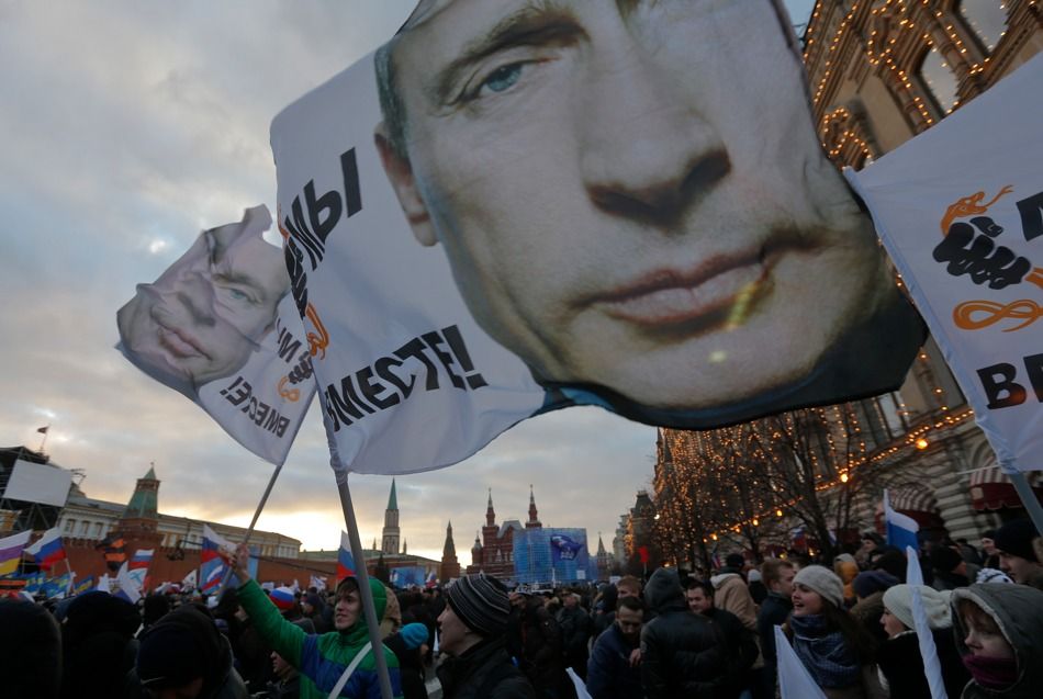 Supporters of the Russian annexation of Crimea at a rally in Red Square, Moscow, March 18, 2014